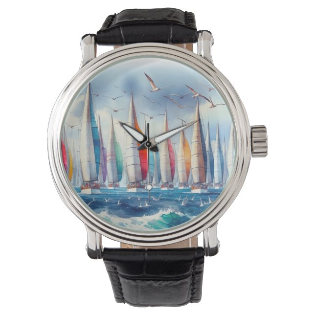 Seagulls Soaring With a Sailboat Regatta Watch (Front)