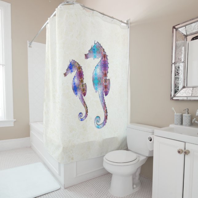 SEAHORSE 1 DUO BABY BLUE AND PINK MOSAIC SHOWER CURTAIN (In Situ)
