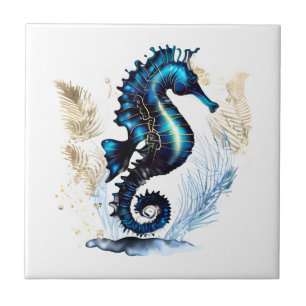 Seahorse 3D blue brown white beach marine aquatic Ceramic Tile