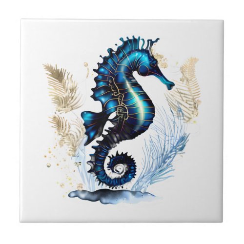 Seahorse 3D blue brown white beach marine aquatic Ceramic Tile