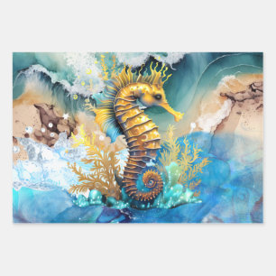 Seahorse 3D blue gold beach sandy sea ocean waves Wrapping Paper Sheets