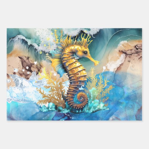 Seahorse 3D blue gold beach sandy sea ocean waves Wrapping Paper Sheets