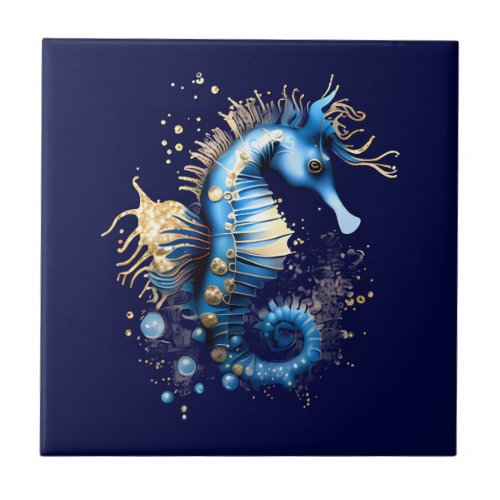 Seahorse 3D blue gold marine fantasy beach chic Ceramic Tile