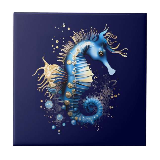 Seahorse 3D blue gold marine fantasy beach chic Ceramic Tile (Front)