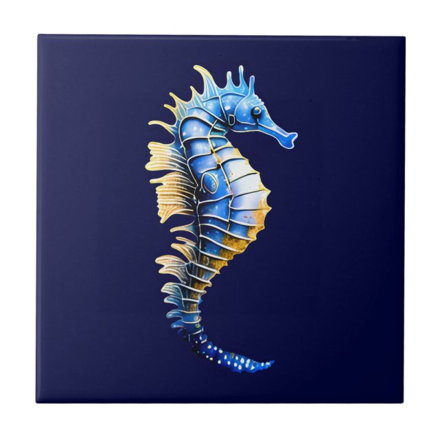 Seahorse 3D blue gold nautical marine aquatic chic Ceramic Tile (Front)