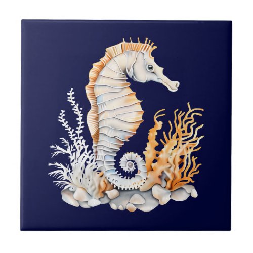 Seahorse 3D blue orange white aquatic marine beach Ceramic Tile