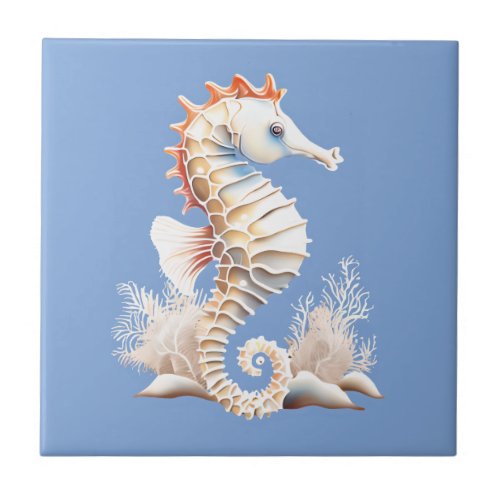 Seahorse 3D blue orange white nautical marine chic Ceramic Tile