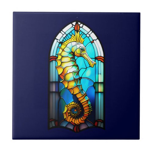 Seahorse 3D nautical stained glass window chic Ceramic Tile