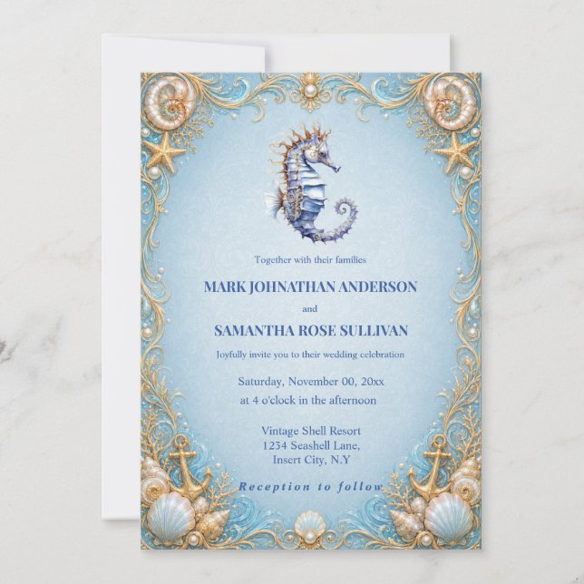 Seahorse anchor beach theme shell wedding invitation (Front)