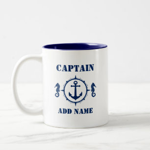Seahorse Anchor Captain Add Name or Boat Name sa0a Two-Tone Coffee Mug