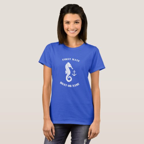 Seahorse Anchor First Mate Boat or Name Blue White T_Shirt