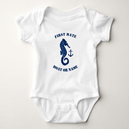 Seahorse Anchor First Mate Boat or Name Navy White Baby Bodysuit