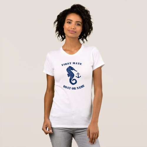 Seahorse Anchor First Mate Boat or Name Navy White T_Shirt