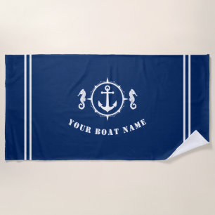 Seahorse Anchor with Boat Name Navy Blue Beach Towel
