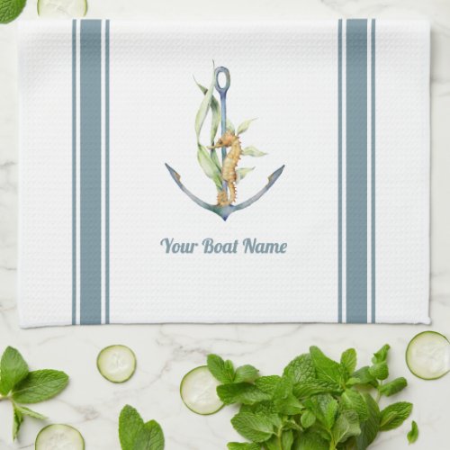 Seahorse and Anchor Nautical with Boat Name Kitchen Towel