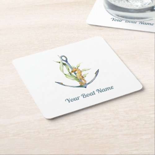 Seahorse and Anchor Nautical with Boat Name Square Paper Coaster