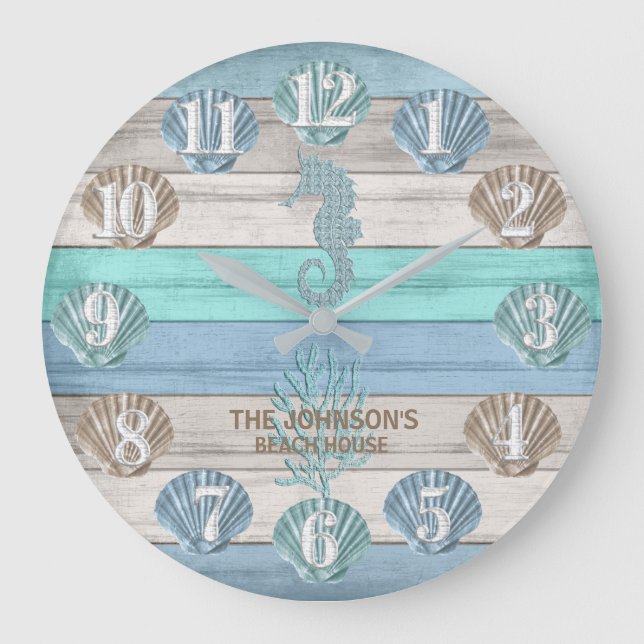 Seahorse and Beach Wood Nautical - Blue Teal Large Clock (Front)