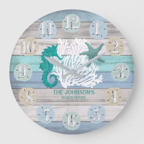 Seahorse and Beach Wood Nautical _ Blue Teal Large Large Clock