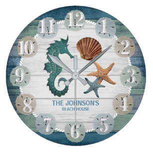 Seahorse and Beach Wood Nautical - Dark Blue Teal Large Clock