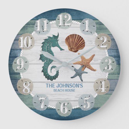 Seahorse and Beach Wood Nautical _ Dark Blue Teal Large Clock