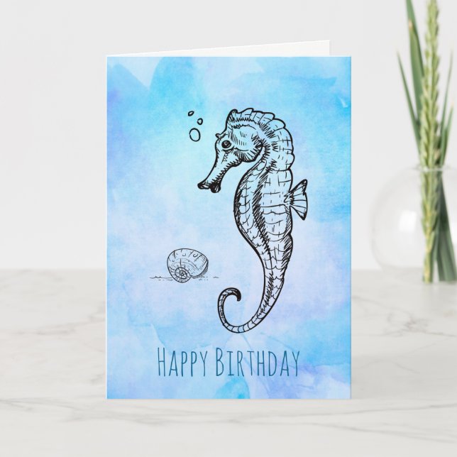 Seahorse and Seashell on Blue Watercolor Birthday Card (Front)