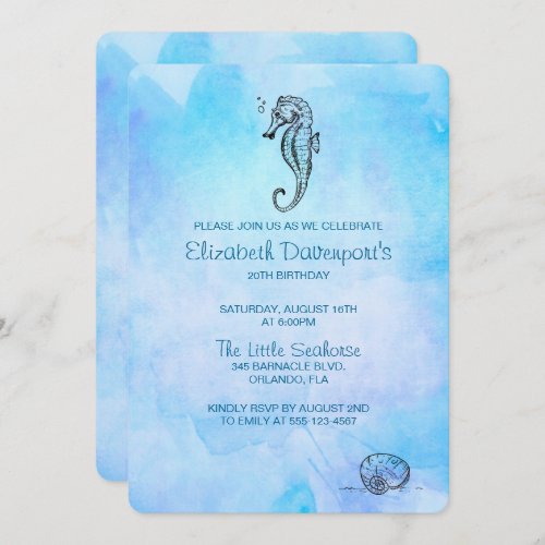 Seahorse and Seashell on Blue Watercolor Birthday Invitation