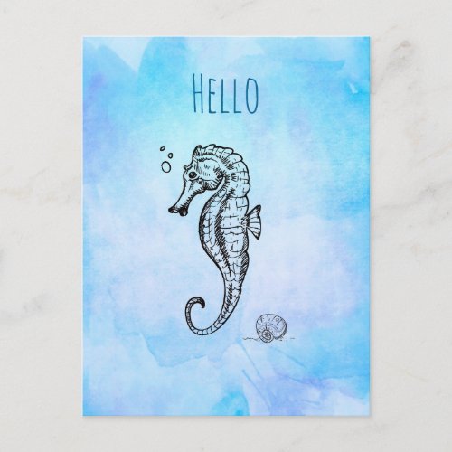 Seahorse and Seashell on Blue Watercolor Hello Postcard