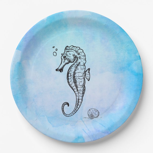 Seahorse and Seashell on Blue Watercolor Paper Plates (Front)