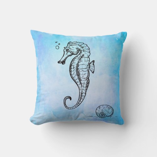 Seahorse and Seashell on Blue Watercolor Throw Pillow