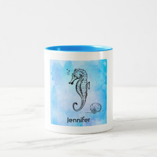Seahorse and Seashell on Blue Watercolor Two-Tone Coffee Mug
