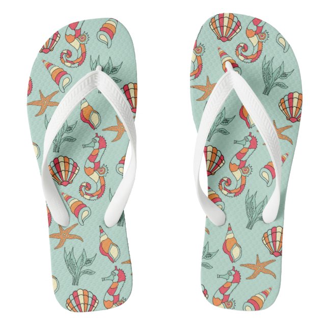 Seahorse and Seashell Pattern Flip Flops (Footbed)