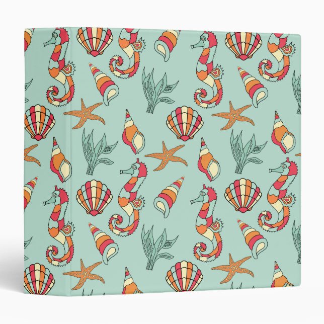 Seahorse and Seashell Pattern Teal 3 Ring Binder (Front/Spine)