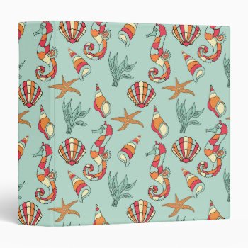 Seahorse And Seashell Pattern Teal 3 Ring Binder by beachcafe at Zazzle
