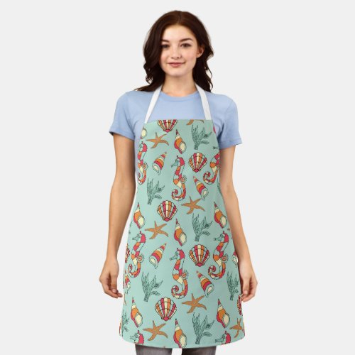 Seahorse and Seashell Pattern Teal Apron