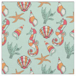Seahorse and Seashell Pattern Teal Fabric