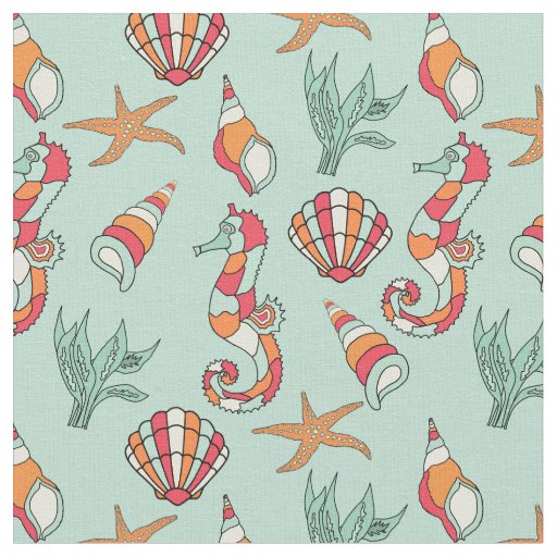 Seahorse and Seashell Pattern Teal Fabric