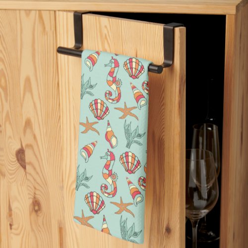 Seahorse and Seashell Pattern Teal Kitchen Towel