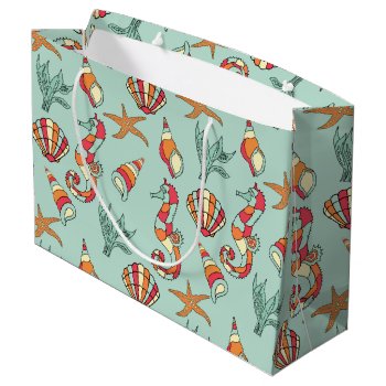 Seahorse And Seashell Pattern Teal Large Gift Bag by beachcafe at Zazzle