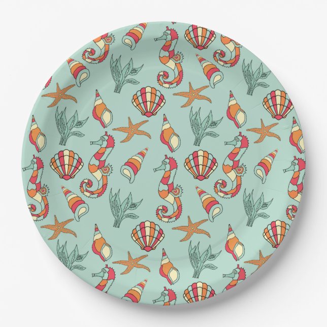 Seahorse and Seashell Pattern Teal Paper Plates (Front)