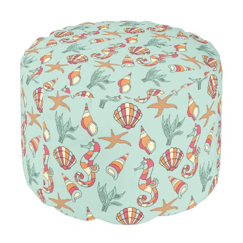 Seahorse and Seashell Pattern Teal Pouf