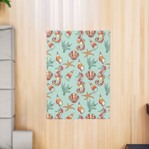 Seahorse and Seashell Pattern Teal Rug