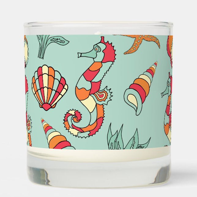 Seahorse and Seashell Pattern Teal Scented Candle (Front)