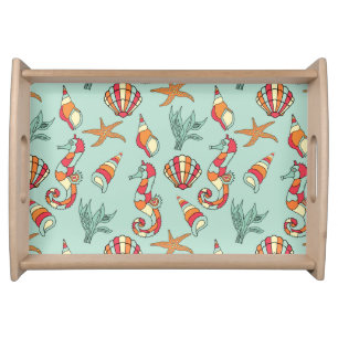 Seahorse and Seashell Pattern Teal Serving Tray