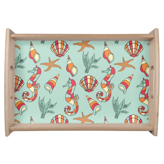 Seahorse and Seashell Pattern Teal Serving Tray (Front)