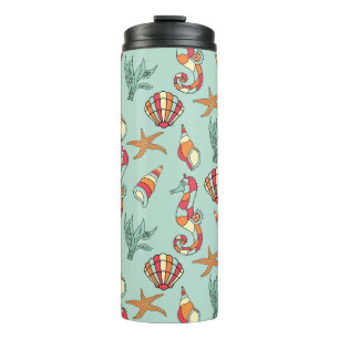 Seahorse and Seashell Pattern Teal Thermal Tumbler