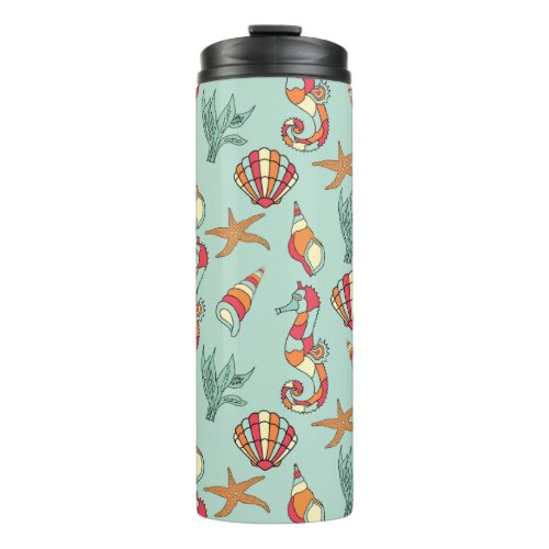 Seahorse and Seashell Pattern Teal Thermal Tumbler