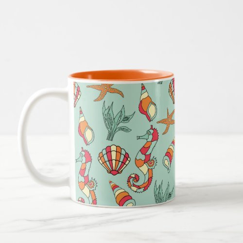 Seahorse and Seashell Pattern Two_Tone Coffee Mug