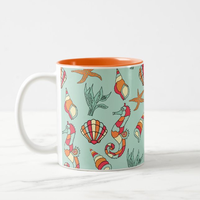 Seahorse and Seashell Pattern Two-Tone Coffee Mug (Left)