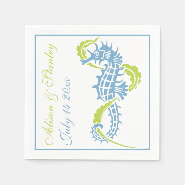 Seahorse and seaweed blue, lime green wedding napkins (Front)