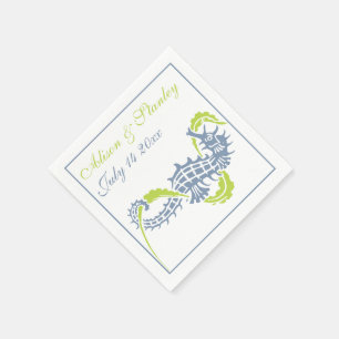 Seahorse and seaweed dusty blue and green wedding napkins